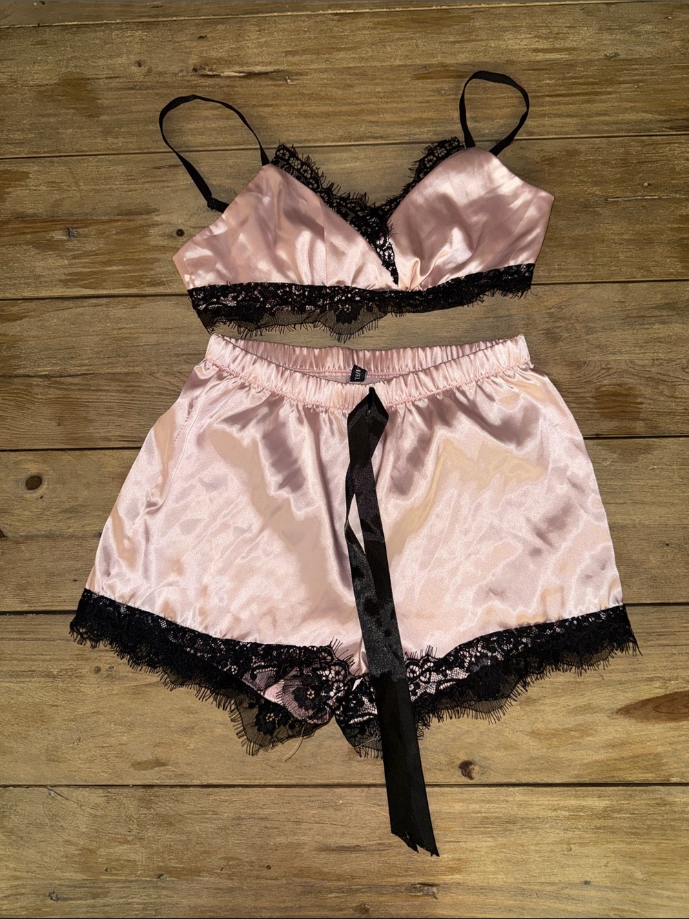 Zaful Pink Satin Cami & Lace-Trim Shorts Set
